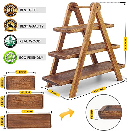 Brown Wooden 3-Tier Serving Tray Cupcake Stand with Collapsible Ladder - 17.2 x 5.5 Inches
