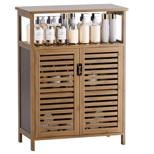 Bathroom Storage Cabinet Bamboo Floor Cabinet with Double Doors and Open Shelf - Walnut Variation