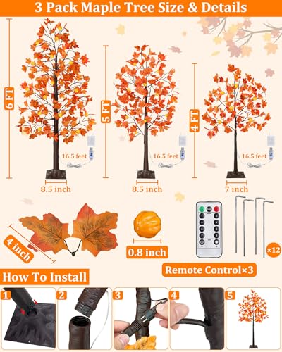 Lighted Fall Tree Set with Remote Control - 3 Pack 4ft, 5ft, 6ft LED Autumn Trees