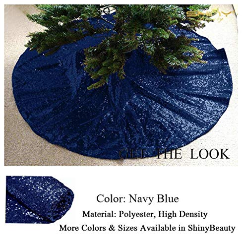60 Inch Navy Blue Sequin Christmas Tree Skirt - Luxurious Holiday Decor, Easy Setup with Hook & Loop