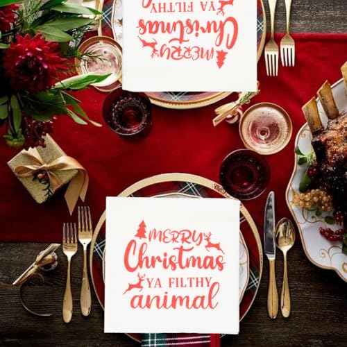 Merry Christmas Ya Filthy Animal Napkins, Christmas Vacation Party Decorations, ZJ National Holiday Party Decorations Napkins(5 x 5 In, Red Foil, 50-Pack)