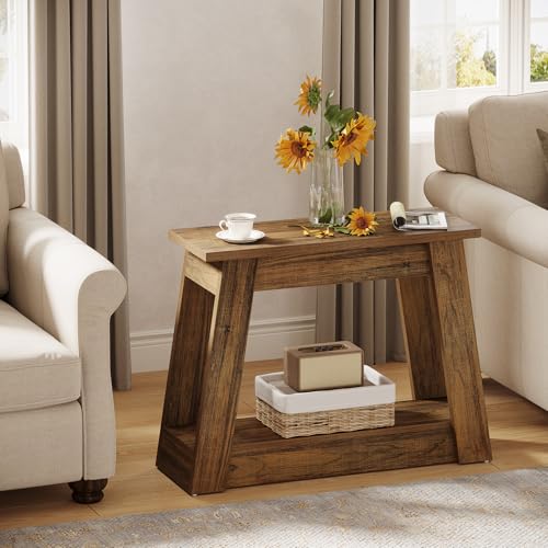 Tribesigns Rustic Brown Wood End Table with 2 Shelves - Narrow Nightstand for Living Room & Bedroom, Small Side Table