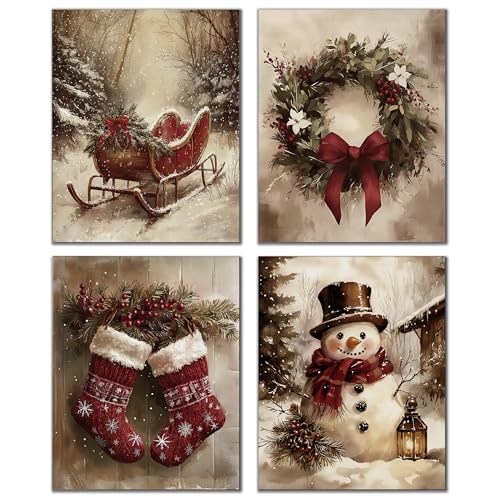 DOFQZ Vintage Christmas Wall Art Prints Set of 4, Rustic Red Christmas Decor, Farmhouse Holiday Winter Red Sleigh Stocking Wreath Snowman Posters for Home Living Room Bedroom Decor, 8x10 Unframed