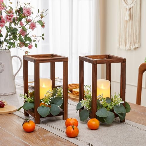 Dark Brown 18-Piece Wooden Wedding Lantern Centerpiece Set with Flameless LED Candles & Eucalyptus Wreaths - Rustic Farmhouse Decor