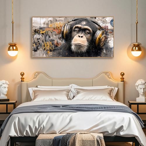 Sorbrozo 24x48in Gorilla Wall Art with Orange Headphones – Street Graffiti Canvas, Modern Animal Decor for Bedroom & Man Cave (Grey-4)