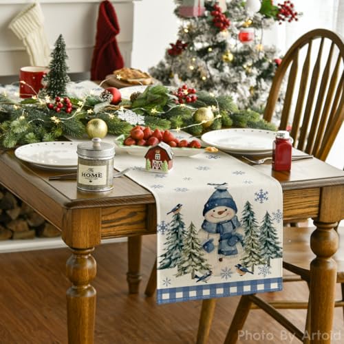 Artoid Mode Blue Snowman Winter Table Runner 13x60 Inch Home Decor