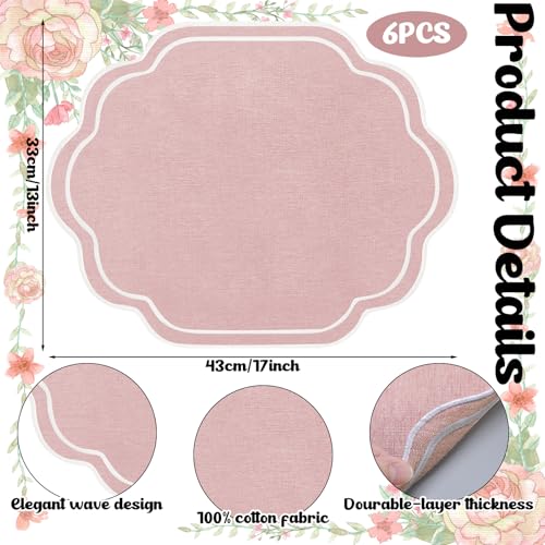 Breling Pink Cotton Scalloped Embroidered Placemats Set of 6 - Elegant Table Decor