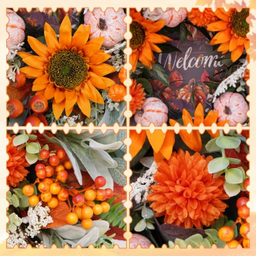 24In Fall Wreaths for Front Door, Welcome Sunflower Pumpkin Autumn