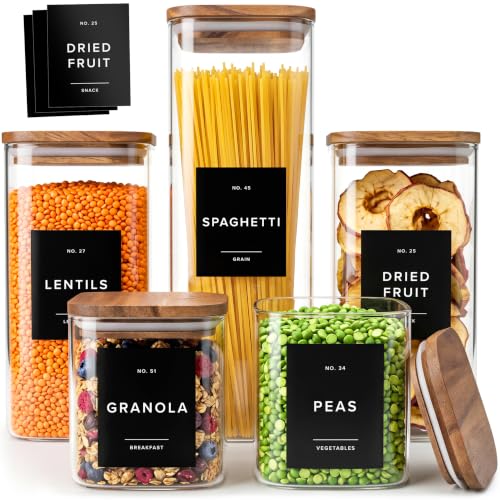 Glass Pantry Storage Jars with Acacia Lids & Labels - Black Labels 5 Pack