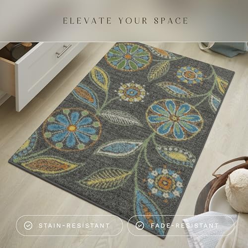 Maples Rugs Reggie 2'6 x 3'10 Bohemian Floral Kitchen Rug, Dark Grey