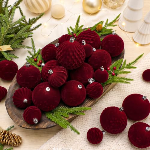 Velvet Christmas Tree Ball Ornaments Set, 80pcs, Burgundy - SHareconn