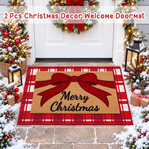 Prewplam 2 Pcs Christmas Welcome Doormat Set with Red Bow & Plaid Rug