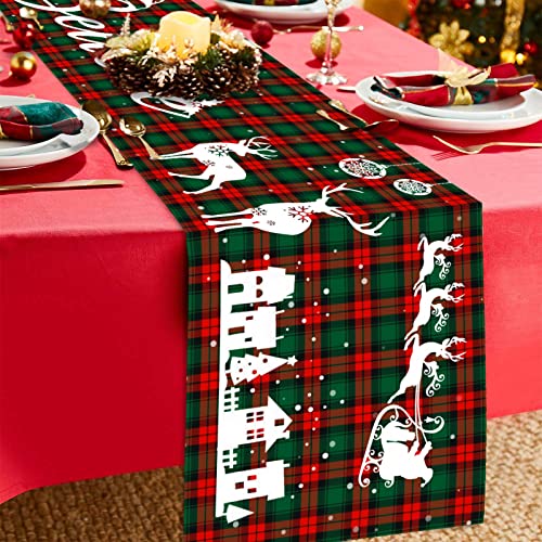 Tipbrol Believe Christmas Buffalo Plaid Table Runner - 72 Inch Burlap Red Green Snowman Pattern