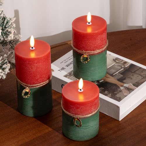 SEHNSY Red & Green Flameless Christmas Candles Set of 3 with Remote