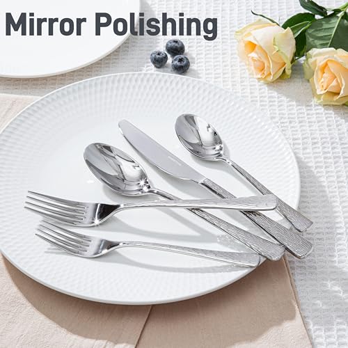 Kingstone 60-Piece Silver Flatware Set 18/10 Stainless Steel Hammered Finish for 12