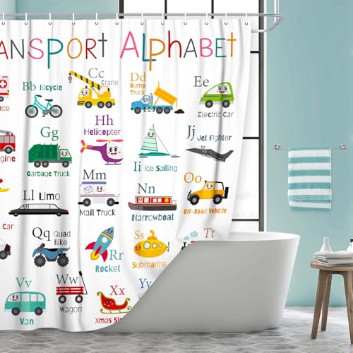 Vehicles Alphabet Shower Curtain for Kids, Kid Excavator Tractor Machinery Trucks Curtain, Construction Vehicle Boys, Bulldozer Crane Bath Equipment Truck