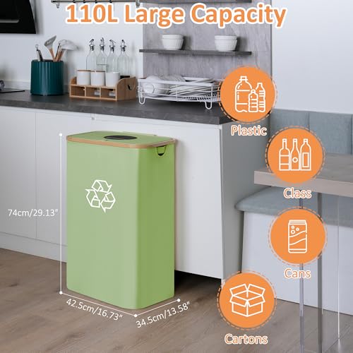 iEGrow 110L Green Recycling Bin with Lid, 29 Gallon, Foldable & Removable Bags