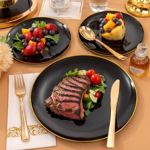 Black and Gold Plastic Dinnerware Set for 50 Guests - Heavy Duty Party Plates and Utensils