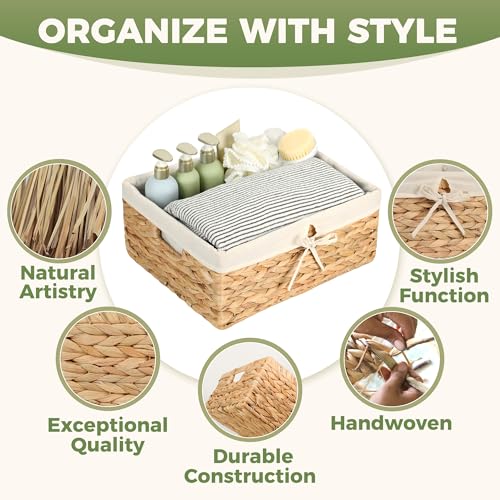 Natural Water Hyacinth Wicker Storage Baskets with Handles & Cotton Liner - Large 15x12x6 Inches