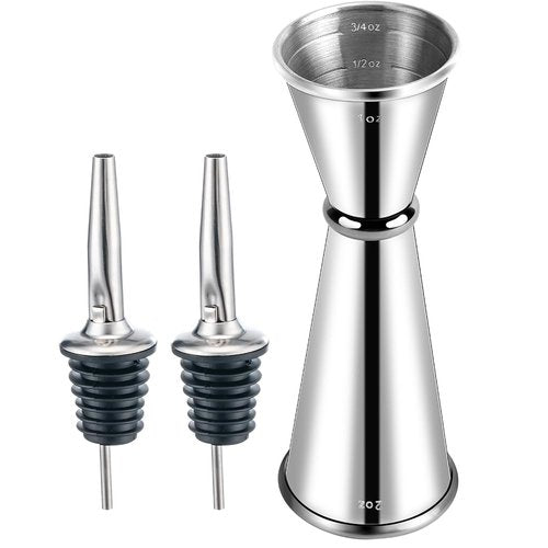 Briout Jigger and 2 Pourers, Double Cocktail Jigger Japanese Premium 304 Stainless Steel Jigger 2 OZ and 1 OZ with Measurements Inside
