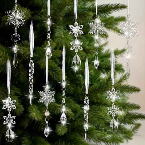 18PCS Crystal Christmas Ornaments for Tree Decorations Hanging Acrylic Christmas Snowflake Icicle Crystal Ornament for Xmas Tree, Winter Holiday Wonderland