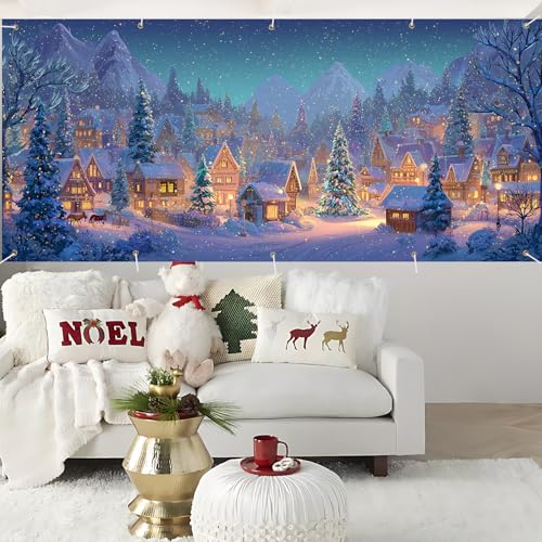 Large Christmas Garage Door Banner 7x16FT Winter Village Scene Snowy Town Outdoor Holiday Decor