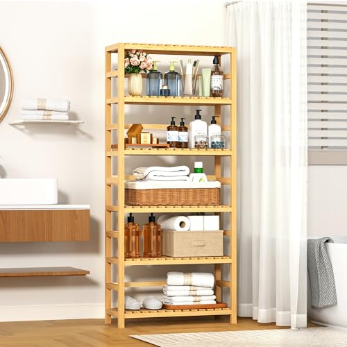 Natural 6-Tier Bamboo Shelf - Adjustable Storage & Display Unit