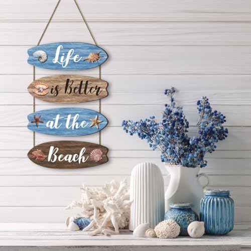 4pcs Beach Bathroom Wall Decor, Blue Wooden Surfboard Coastal Hanging Plaques Inspirational Quote Signs Ornaments for Bedroom Living Room 11.4x3.9 in