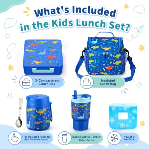 Howeemo Dinosaur Kids Bento Lunch Box Set with Insulated Thermo, Water Bottle & Ice Pack