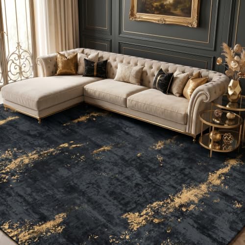 Black/Gold 8x10 Washable Area Rug Non-Slip Modern Abstract Living Room