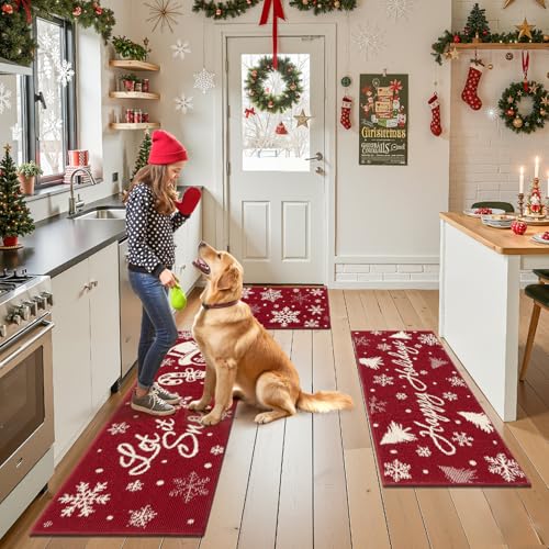 Findosom Christmas Kitchen Rugs Set of 3 Snowflake Snowman Snow Tree 20"x32" + 20"x48" + 20"x59"