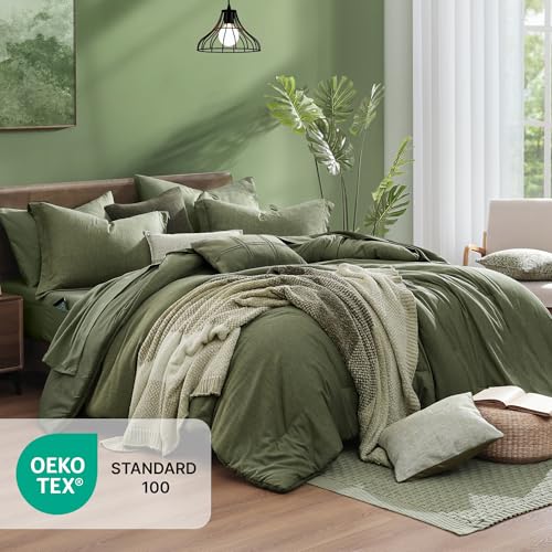 Monbix Oversized Queen Comforter Set Olive Green 7 Pieces Bed in a Bag