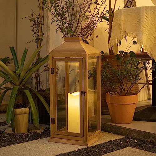 Bdor 27.5 Inch Outdoor Wooden Lantern with LED Candle & Timer - Porch & Patio Decor