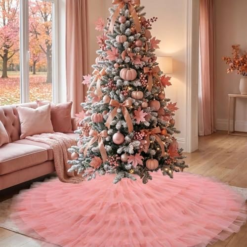 Yuboo 60 Inch Blush Pink Tulle Tree Skirt with 6 Ruffles Christmas Decor