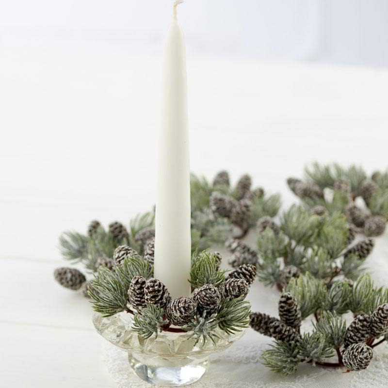 Skiennix Artificial Pine & Pinecone Candle Rings - Pack of 6 Faux Snowy Pine Decor