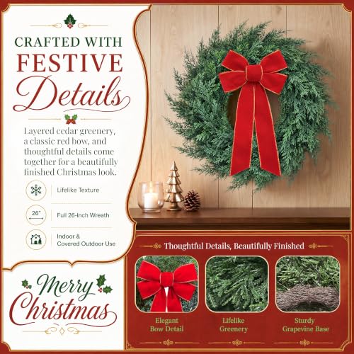 Presentastic 26 Inch Green Cedar Pine Christmas Wreath Pre-Lit with Red Velvet Bow