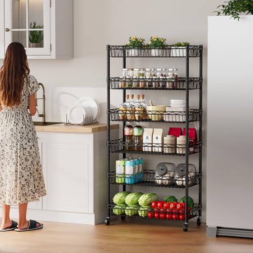 Black 6-Tier Metal Wire Shelf with Wheels - Narrow Closet & Pantry Storage Unit