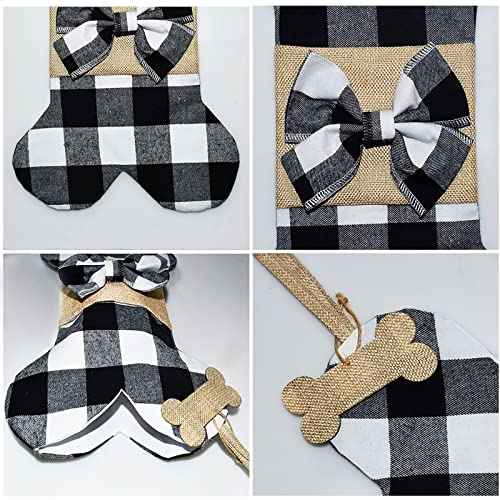 Senneny Pet Dog Christmas Stockings Buffalo Black White Plaid Burlap Large Bone Shape Hanging Christmas Stocking for Dogs Pets