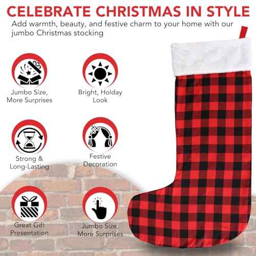 Iconikal Jumbo Red Buffalo Plaid Christmas Stocking - 43-Inch Tall Giant Eye-Catching Oversized Holiday Hanging Decoration
