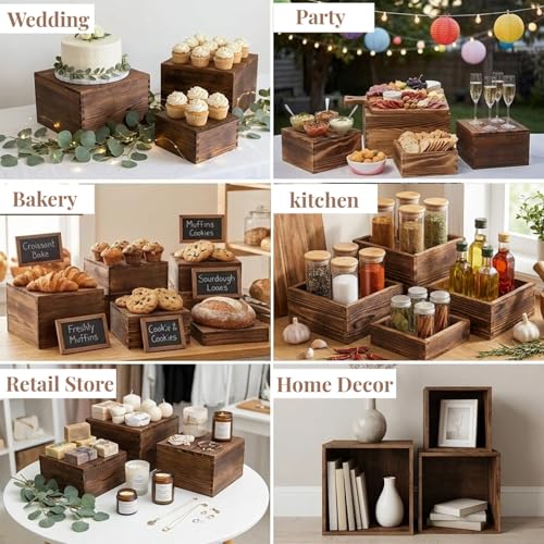 OINETRK Brown 8-Piece Multi-Size Wooden Buffet Risers Set for Catering & Events