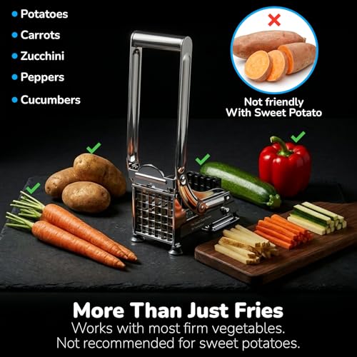 French Fry Cutter with 2 Blade Sizes - Commercial Stainless Steel Potato & Vegetable Slicer, Suction Base, Dishwasher Safe