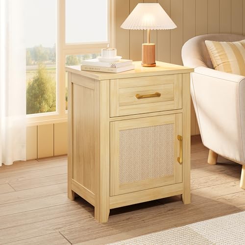 Decofy Set of 2 Rattan Nightstands with Charging Station, Drawer & Cabinet