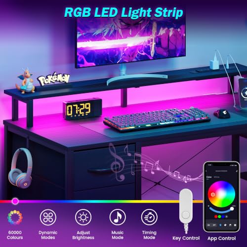 51 Inch Gaming Desk with Drawers & PC Tower Stand LED Lights, Black