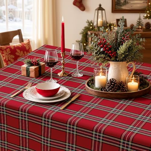 Maymiss Christmas Checkered Tablecloth 52 x 70 Rectangular - Red Tartan Linen Cotton