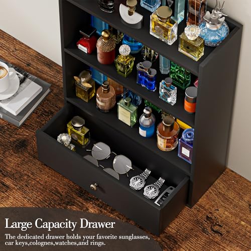 Wooden 3-Tier Cologne Organizer for Men with Drawer - Perfume & Accessory Storage