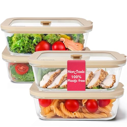 Non-Toxic Glass Food Containers with Lids - 35 Oz, Beige, 4-Pack