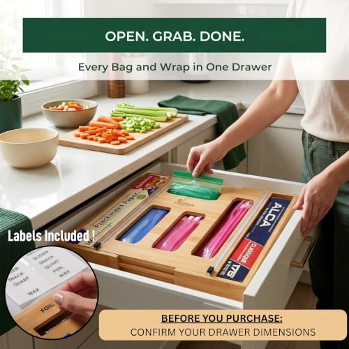 Expandable Bamboo 6-in-1 Kitchen Drawer Organizer for Bags & Wraps