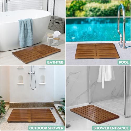 Teak Foldable Shower Mat - Non-Slip Wooden Bath Mat for Spa, Sauna, Pool & Bathroom