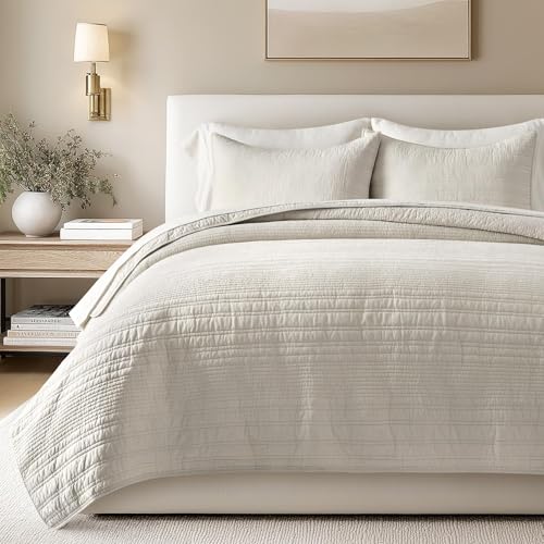 King Size Cotton Quilt Set Birch - Modern Lines Design, 100% Soft Breathable Bedding
