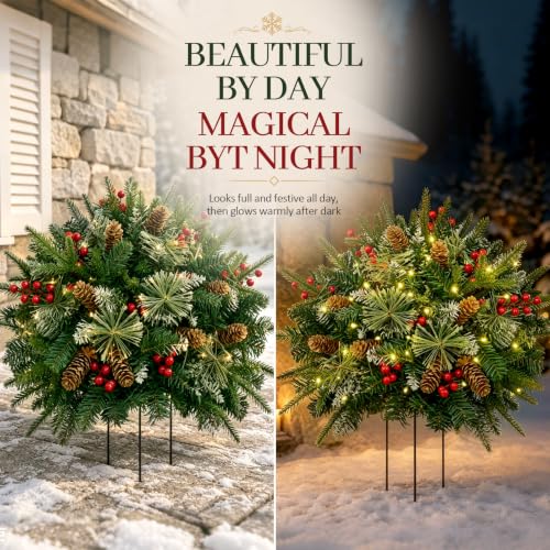 NatuBeau 24-Inch Pre-lit Outdoor Christmas Urn Filler, Green, 2 Pack